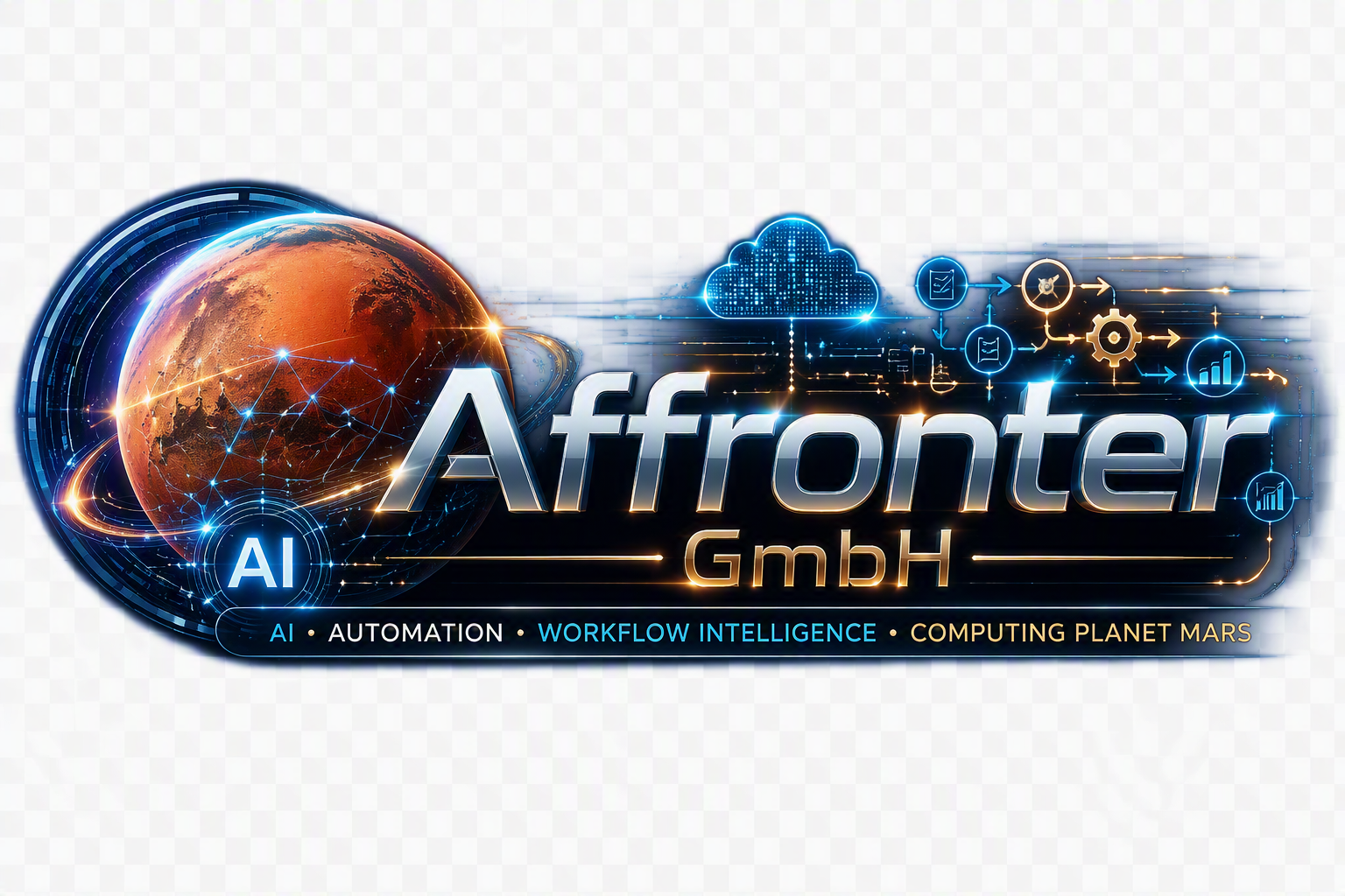 Affronter II GmbH, AI Automation & Workflow Intelligence. Futuristische Darstellung des Planeten Mars mit vernetzten KI-Systemen, Cloud Computing, autonomen Agenten und intelligenten Geschäftsprozessen. Das Logo steht für Computing Planet Mars, Innovation, digitale Transformation und die nächste Generation globaler Technologieplattformen.