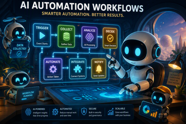 Futuristic cartoon-style illustration of AI automation workflows with intelligent computing systems, data processing, workflow orchestration, automation stages, analytics dashboards, and digital transformation technologies.