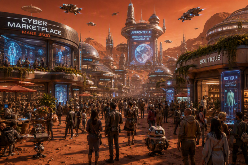 Futuristische Marsstadt im Jahr 3500 mit belebten Cyber-Marktplätzen, schwebenden Fahrzeugen, intelligenten Robotern, modernen Boutiquen und frei im Freien lebenden Menschen in einer terraformierten Marsumgebung.