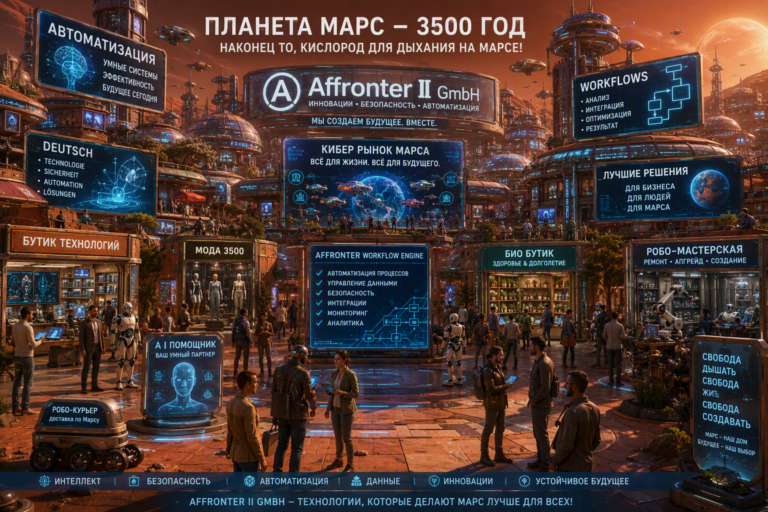 Футуристический «Вычислительный Марс» в 3500 году: оживлённый киберрынок, автономные роботы, интеллектуальная автоматизация, цифровые рабочие процессы и жители Марса, свободно дышащие кислородом на полностью терраформированной планете.