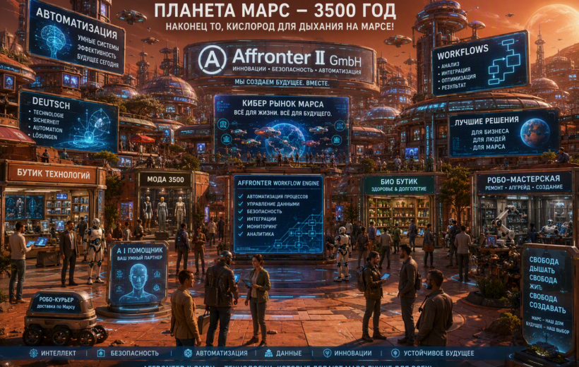 Футуристический «Вычислительный Марс» в 3500 году: оживлённый киберрынок, автономные роботы, интеллектуальная автоматизация, цифровые рабочие процессы и жители Марса, свободно дышащие кислородом на полностью терраформированной планете.
