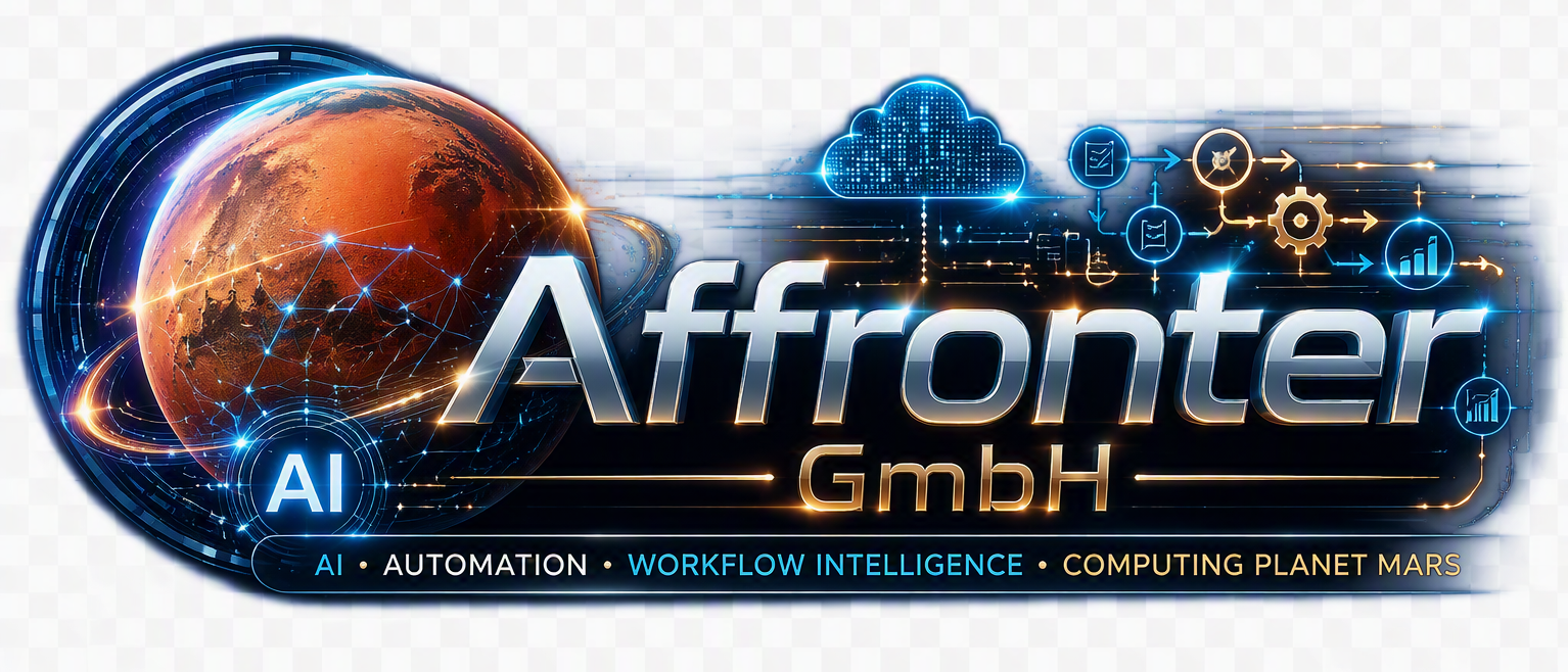 Affronter II GmbH, AI Automation & Workflow Intelligence. Futuristische Darstellung des Planeten Mars mit vernetzten KI-Systemen, Cloud Computing, autonomen Agenten und intelligenten Geschäftsprozessen. Das Logo steht für Computing Planet Mars, Innovation, digitale Transformation und die nächste Generation globaler Technologieplattformen.