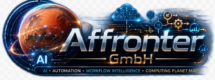 Affronter II GmbH, AI Automation & Workflow Intelligence. Futuristische Darstellung des Planeten Mars mit vernetzten KI-Systemen, Cloud Computing, autonomen Agenten und intelligenten Geschäftsprozessen. Das Logo steht für Computing Planet Mars, Innovation, digitale Transformation und die nächste Generation globaler Technologieplattformen.