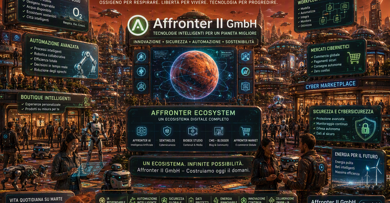 Città futuristica sul Pianeta Marte nell'anno 3500 con atmosfera stabile, ossigeno respirabile, mercati cibernetici, boutique intelligenti, automazione avanzata, workflow intelligenti, robot autonomi e la visione tecnologica di Affronter II GmbH all'interno dell'Affronter Ecosystem.