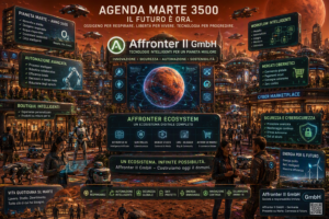 Città futuristica sul Pianeta Marte nell'anno 3500 con atmosfera stabile, ossigeno respirabile, mercati cibernetici, boutique intelligenti, automazione avanzata, workflow intelligenti, robot autonomi e la visione tecnologica di Affronter II GmbH all'interno dell'Affronter Ecosystem.