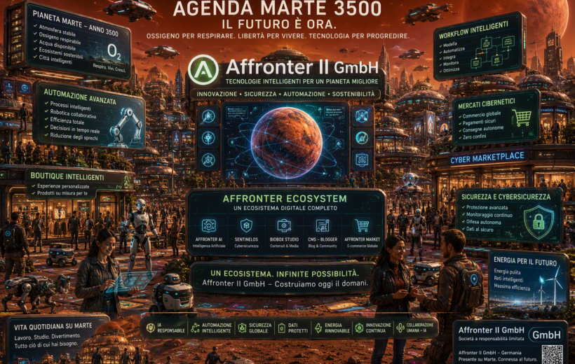 Città futuristica sul Pianeta Marte nell'anno 3500 con atmosfera stabile, ossigeno respirabile, mercati cibernetici, boutique intelligenti, automazione avanzata, workflow intelligenti, robot autonomi e la visione tecnologica di Affronter II GmbH all'interno dell'Affronter Ecosystem.