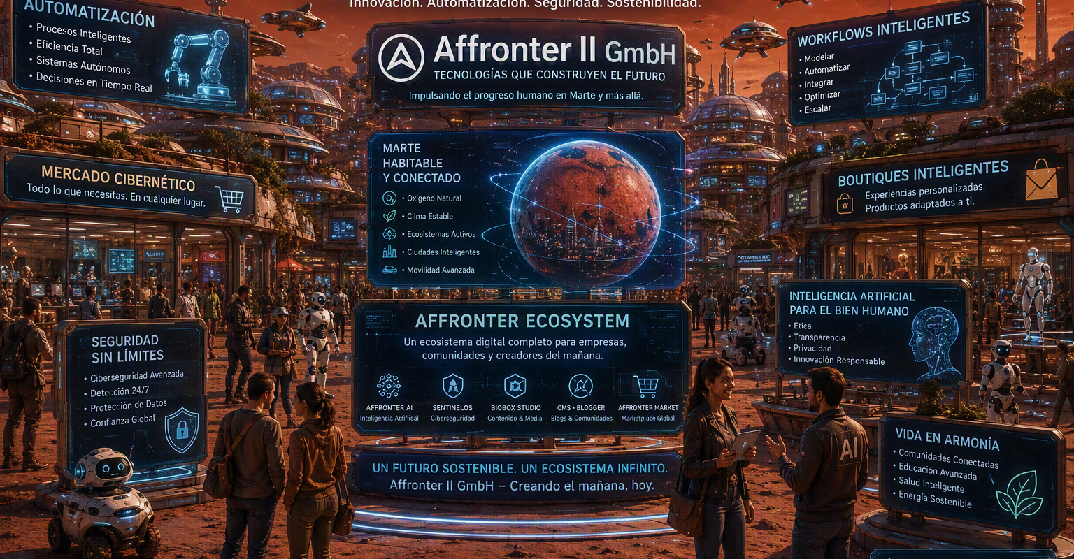 Ciudad futurista en el Planeta Marte en el año 3500 con oxígeno respirable, mercados cibernéticos, boutiques inteligentes, robots autónomos, automatización avanzada, workflows digitales y la visión empresarial de Affronter II GmbH dentro del Affronter Ecosystem.