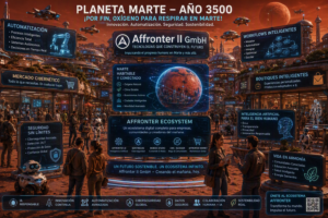 Ciudad futurista en el Planeta Marte en el año 3500 con oxígeno respirable, mercados cibernéticos, boutiques inteligentes, robots autónomos, automatización avanzada, workflows digitales y la visión empresarial de Affronter II GmbH dentro del Affronter Ecosystem.
