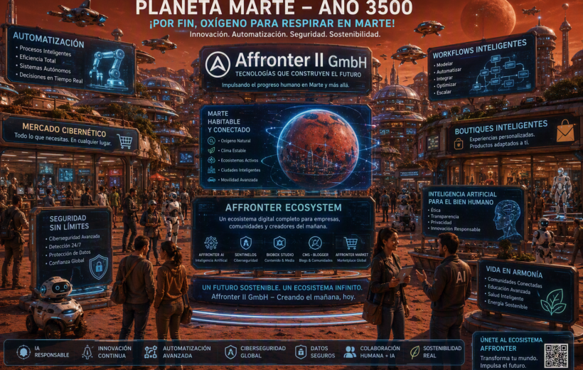 Ciudad futurista en el Planeta Marte en el año 3500 con oxígeno respirable, mercados cibernéticos, boutiques inteligentes, robots autónomos, automatización avanzada, workflows digitales y la visión empresarial de Affronter II GmbH dentro del Affronter Ecosystem.