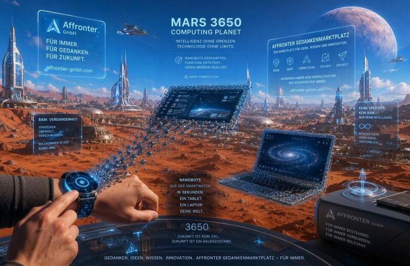 Futuristische Marsstadt im Jahr 3650 mit blauem Himmel, riesigen High-Tech-Metropolen und einer Smartwatch, aus der Nanobots einen Tablet-PC und einen Laptop erschaffen. Im Hintergrund befindet sich ein permanenter digitaler Gedankenmarktplatz von Affronter GmbH, auf dem Wissen, Ideen und Innovationen dauerhaft gespeichert und geteilt werden.