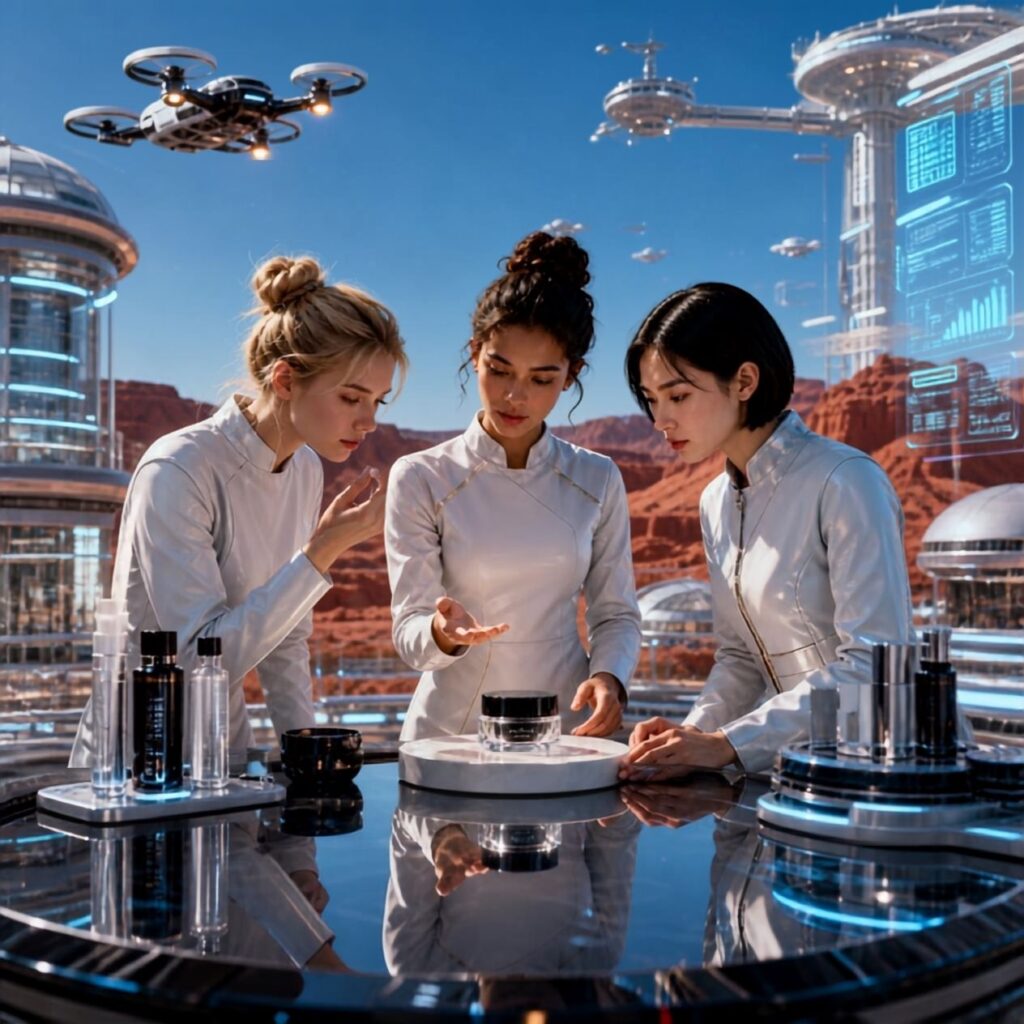 Three women in white futuristic attire examine cosmetics in a high-tech lab overlooking a red desert landscape