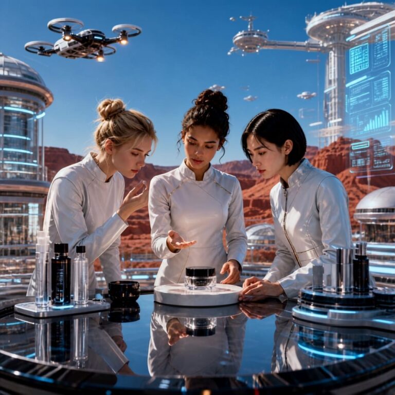 Three women in white futuristic attire examine cosmetics in a high-tech lab overlooking a red desert landscape