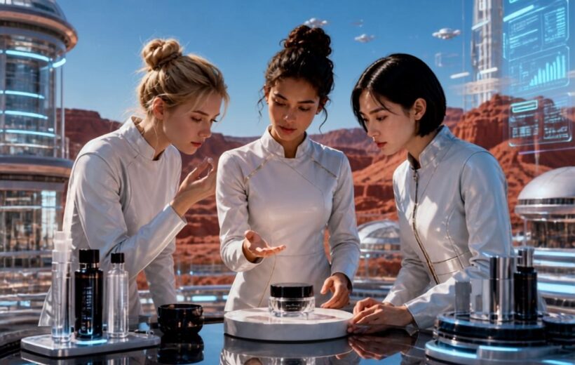 Three women in white futuristic attire examine cosmetics in a high-tech lab overlooking a red desert landscape